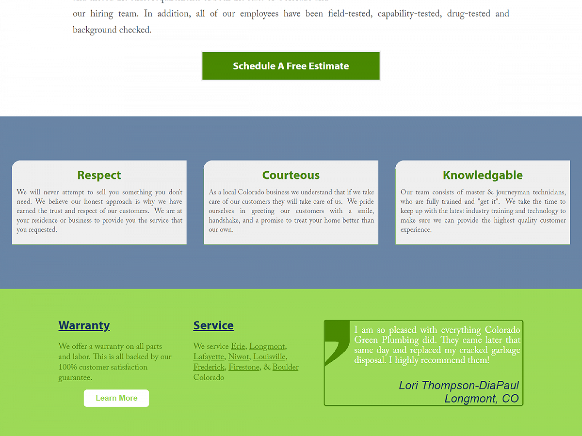 Colorado Green Plumbing Website Screenshot Elements